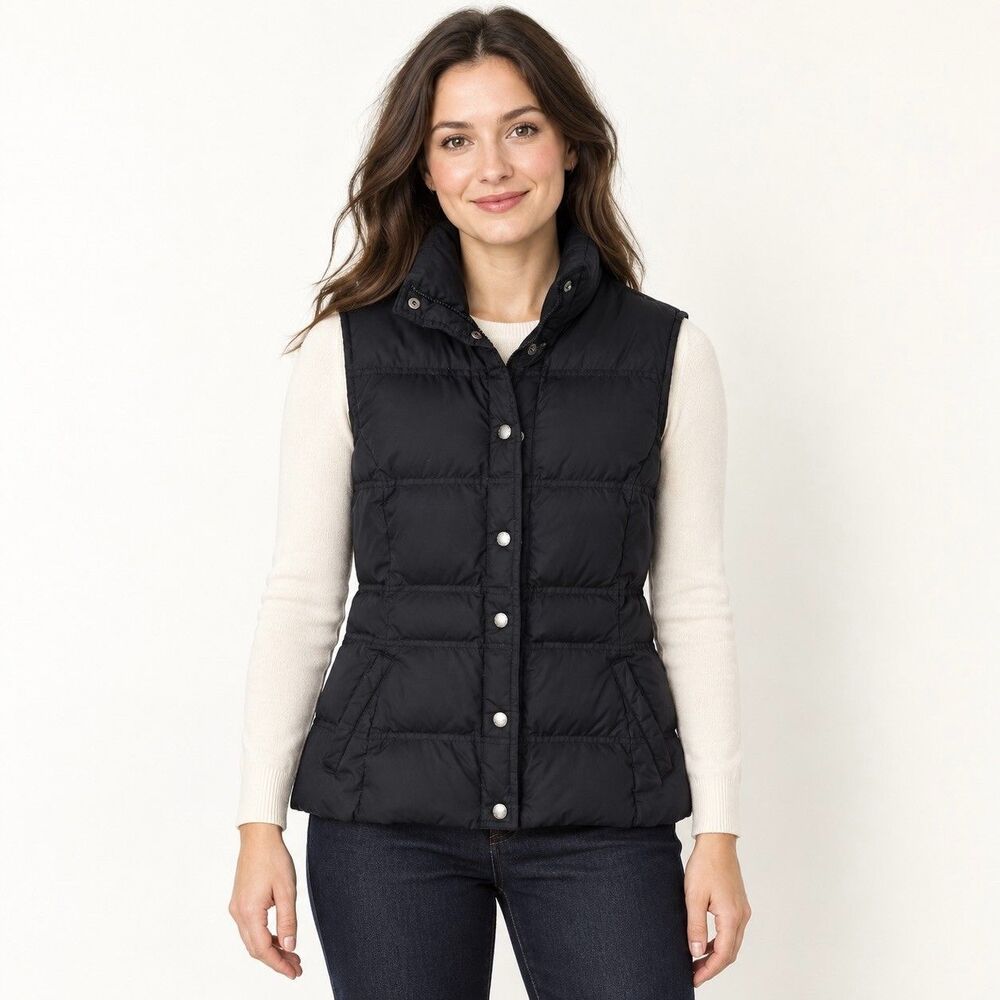 LAND'S END Black Down Puffer Vest Snap Front w/Pockets Sz XS 80/20 Fill